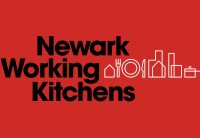 The words "Newark Working Kitchen" appear in black against a red background with icons of homes, silverware, plates and pots next to it.