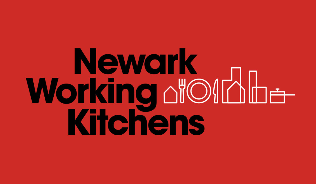 The words "Newark Working Kitchen" appear in black against a red background with icons of homes, silverware, plates and pots next to it.