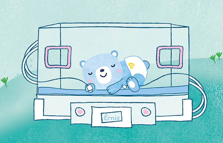 CARTOON STYLE IMAGE OF A BLUE BABY BEAR IN AN INCUBATOR WITH WIRES HOOKED TO HIS PAWS AND WEARING A DIAPER. HE IS SMILING