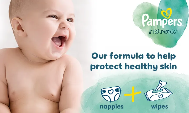 Pampers Harmonie nappies and wipes. Our new formula for healthy skin.