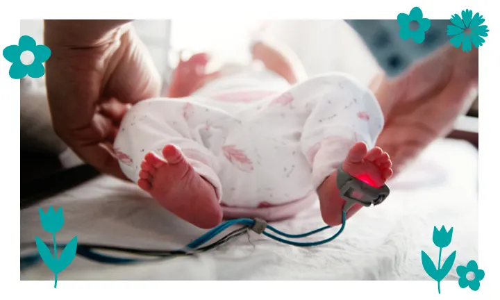 PREEMIE BABY FEET WITH RED LIGHT MONITOR ATTACHED TO ONE FOOT AND ADULT HAND IN VIEW