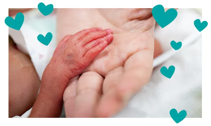PREMATURE BABY HAND RESTING ON ADULT HAND