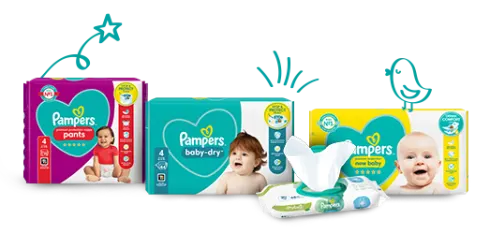 Pampers product catalogue: diapers, pants, and wipes