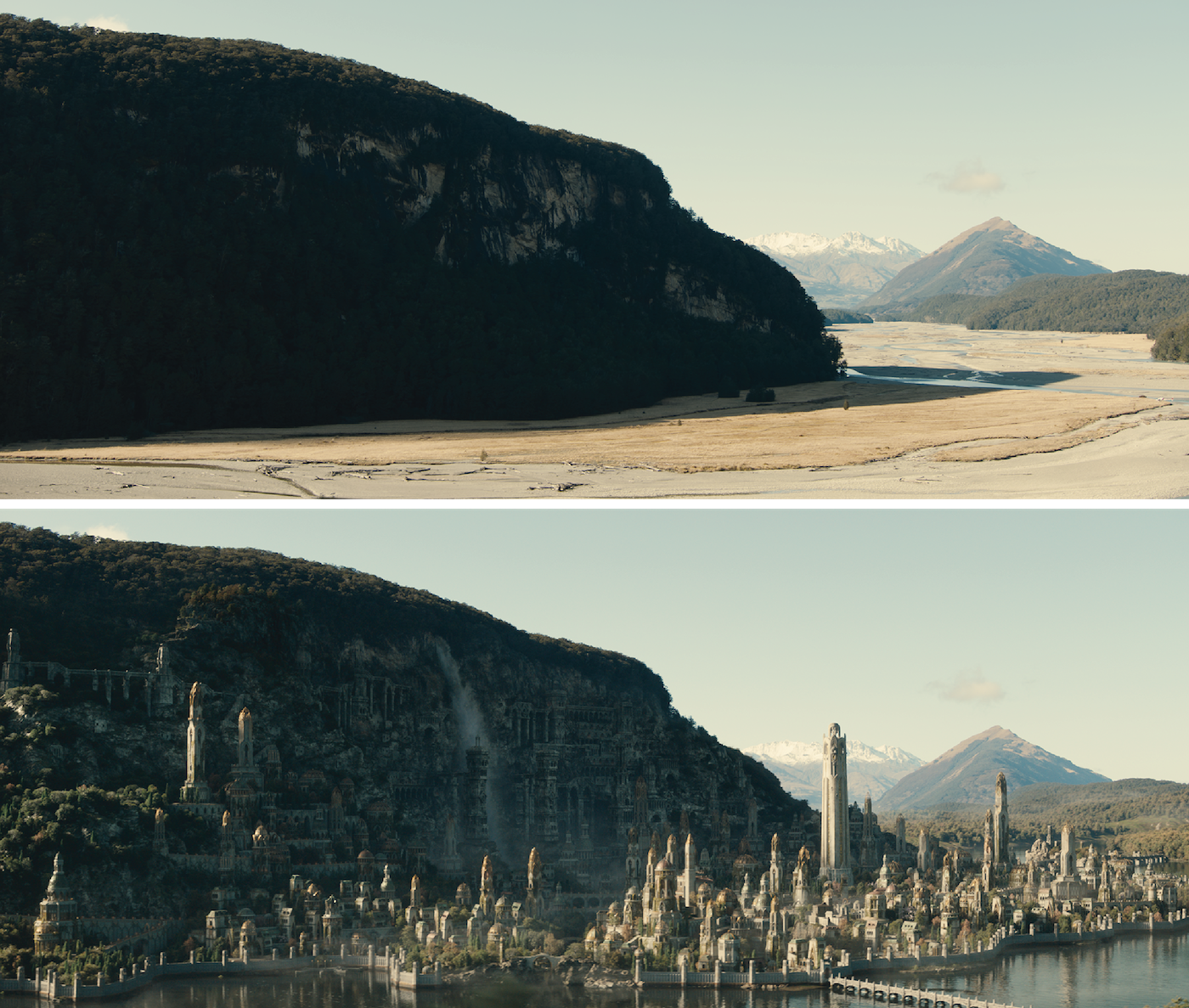 The Rings of Power Season 2 - Press Round-Up - Progression VFX Stills- Eregion before & after