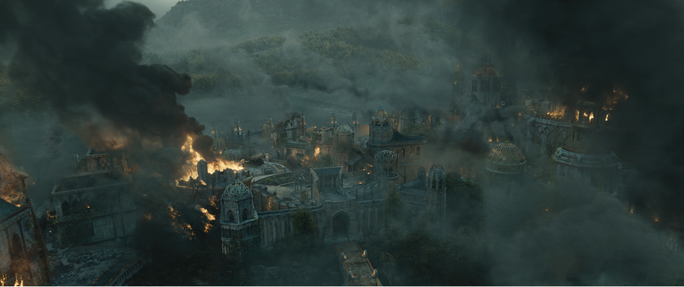 The Rings of Power Season 2 - Press Round-Up - Progression VFX Stills- Eregion destruction above