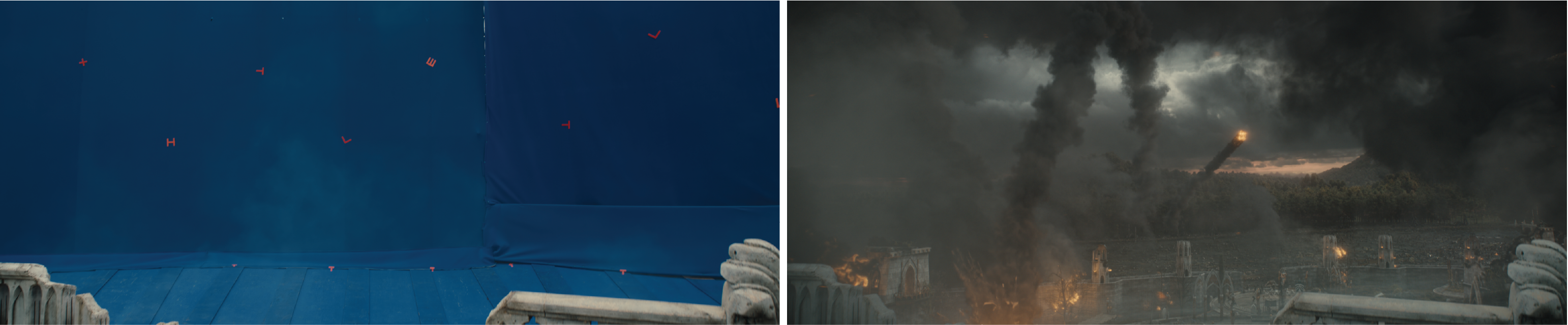 The Rings of Power Season 2 - Press Round-Up - Progression VFX Stills- Eregion destruction before & after