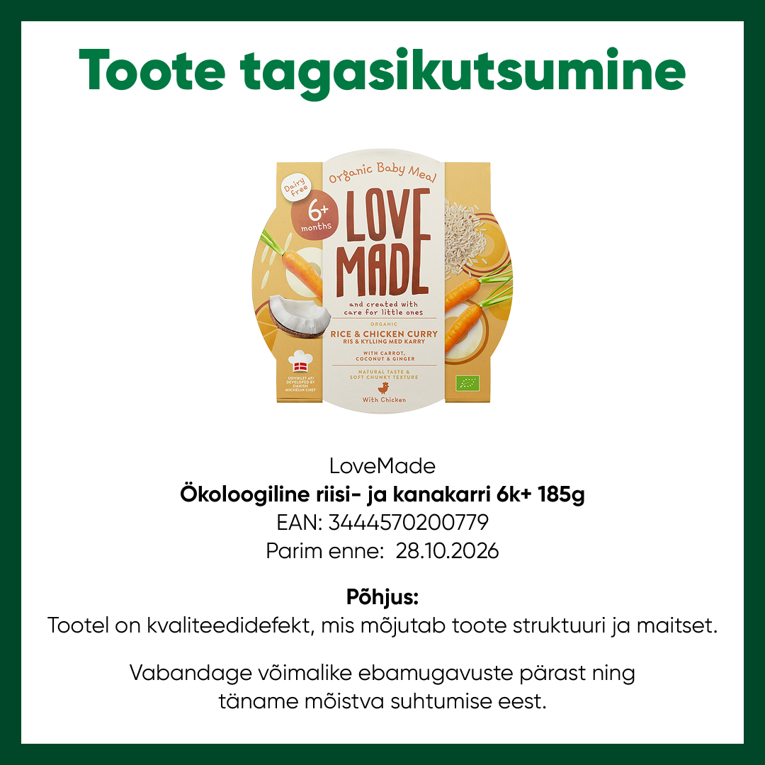 Tagasikutsumine LoveMade Ökoloogiline riisi- ja kanakarri 3444570200779 FB
