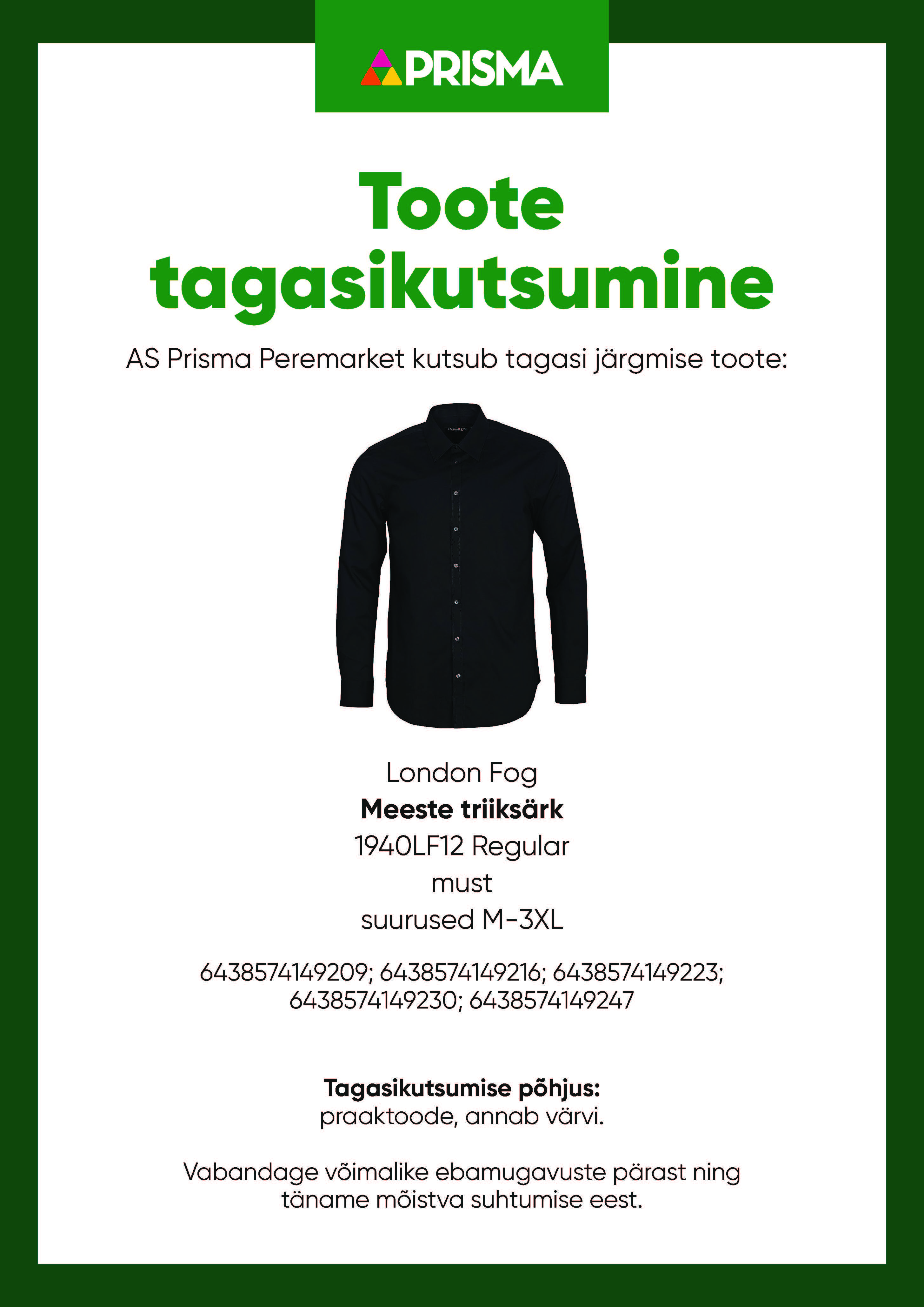 Tagasikutsumine London Fog meeste triiksärk 6438574149209 A4