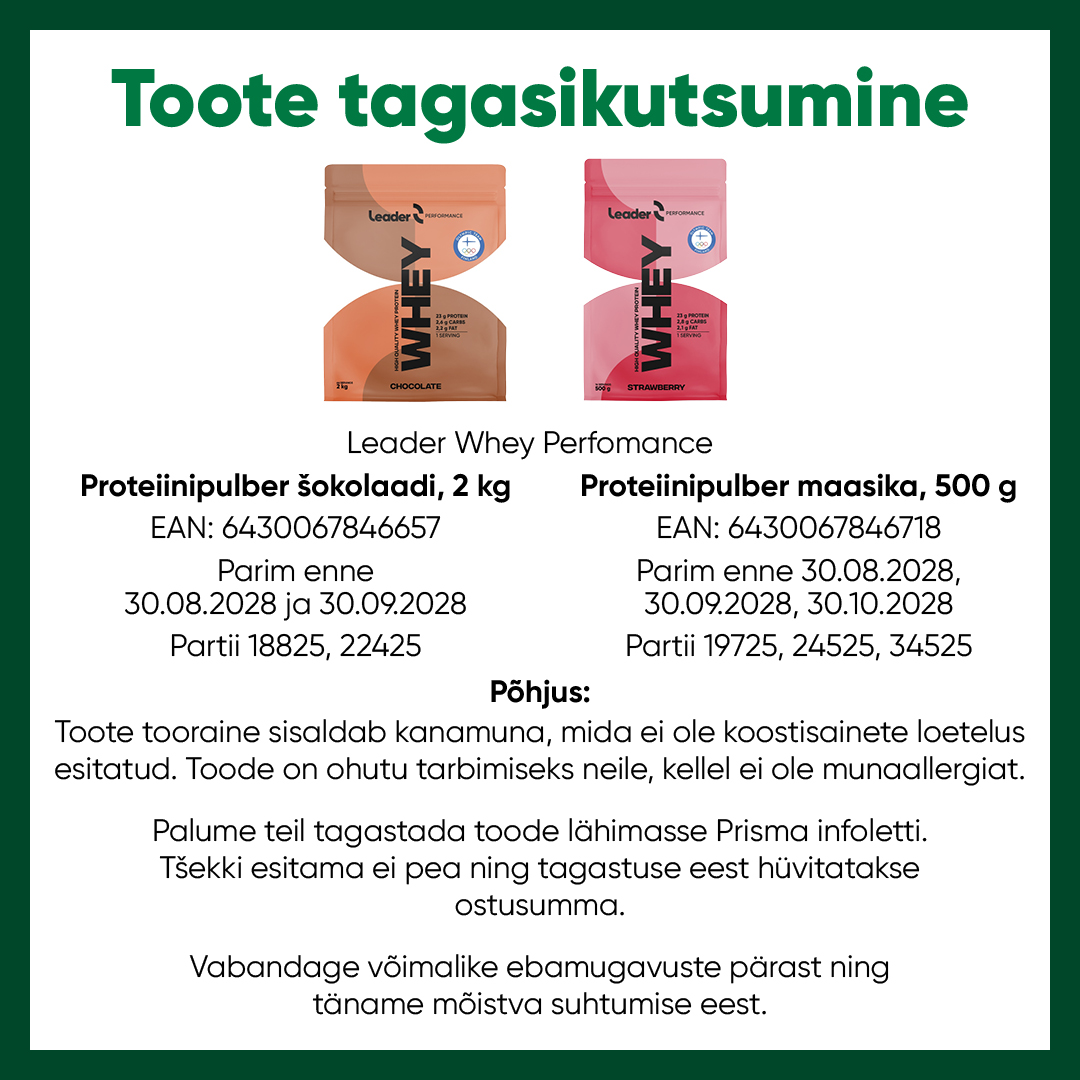 Tagasikutsumine Leader Whey Perfomance Proteiinipulber kodukale FB
