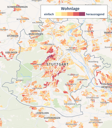 Die Karte für Immobilienpreise in Stuttgart zeigt, welche Wohnlagen der Stadt am beliebtesten sind. Entsprechend gestalten sich die Angebotspreise.