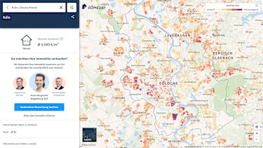 Hier würden Sie eine Karte für Immobilienpreise in Köln sehen. Je nach Beliebtheit der Wohnlage ist die Karte eingefärbt.