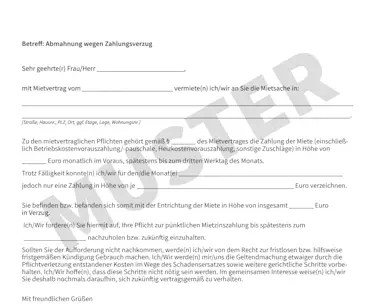 Hier würden Sie einen Ausschnitt des Musterdokuments zur Abmahnung wegen Zahlungsverzug sehen.