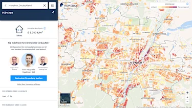 Hier würden Sie eine Karte für Immobilienpreise in München sehen. Je nach Beliebtheit der Wohnlage ist die Karte eingefärbt.