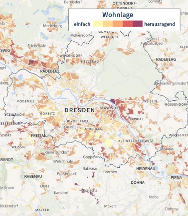 Die Karte für Immobilienpreise in Dresden aus dem Homeday-Preisatlas zeigt, welche Wohnlagen besonders beliebt sind.