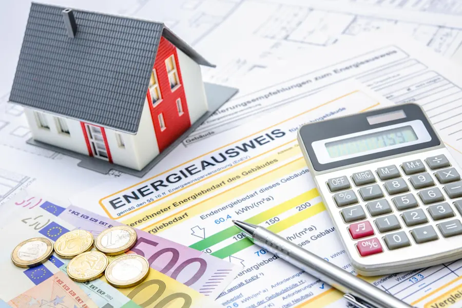 Auf dem Foto sehen sie viele Papiere, in der Mitte steht groß das Wort "Energieausweis". Es ist in der linken oberen Ecke ein kleines Modell-Haus zu sehen. Dabei handelt es sich um ein Einfamilienhaus. In der unteren linken Ecke sind Geldscheine und Münzen zu sehen. In der rechten Ecke liegt ein Taschenrechner und ein Kugelschreiber rechts neben dem Taschenrechner.