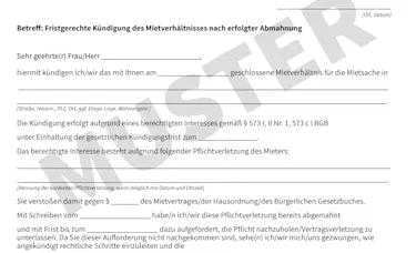 Kündigung nach Abmahnung beim Mietvertrag - inkl. Muster