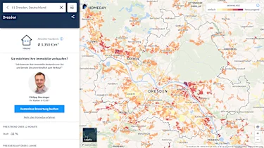 Hier würden Sie eine Karte für Immobilienpreise in Dresden sehen. Je nach Beliebtheit der Wohnlage ist die Karte eingefärbt.