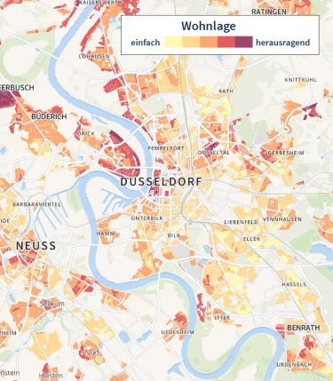 Hier würden Sie die Stadt Düsseldorf im Homeday-Preisatlas sehen. Je nach Beliebtheit der Wohnlage sind die einzelnen Stadtteile eingefärbt.