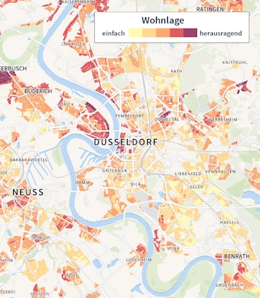 Hier würden Sie die Stadt Düsseldorf im Homeday-Preisatlas sehen. Je nach Beliebtheit der Wohnlage sind die einzelnen Stadtteile eingefärbt.