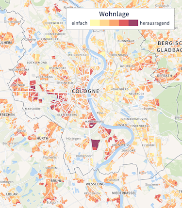 Hier würden Sie einen Ausschnitt aus dem Immobilien-Preisatlas für die Stadt Köln sehen. Je nach Wohnlage sind die Bezirke eingefärbt.