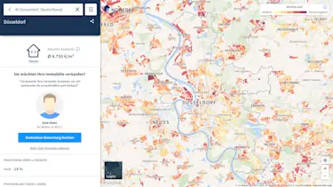 Hier würden Sie eine Karte für Immobilienpreise in Düsseldorf sehen. Je nach Beliebtheit der Wohnlage ist die Karte eingefärbt.