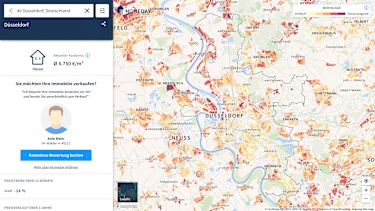 Hier würden Sie eine Karte für Immobilienpreise in Düsseldorf sehen. Je nach Beliebtheit der Wohnlage ist die Karte eingefärbt.