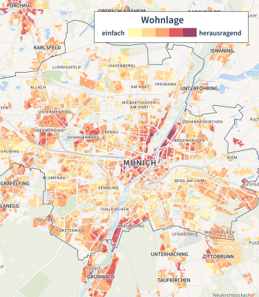 Hier würden Sie eine Karte für Immobilienpreise in München sehen. Je nach Beliebtheit der Wohnlage ist die Karte eingefärbt.