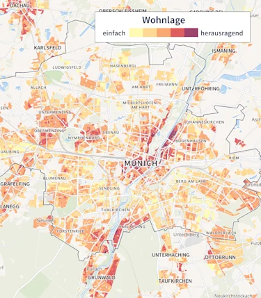 Hier würden Sie eine Karte für Immobilienpreise in München sehen. Je nach Beliebtheit der Wohnlage ist die Karte eingefärbt.