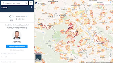 Hier würden Sie eine Karte für Immobilienpreise in Stuttgart sehen. Je nach Beliebtheit der Wohnlage ist die Karte eingefärbt.