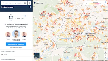 Hier würden Sie eine Karte für Immobilienpreise in Frankfurt sehen. Je nach Beliebtheit der Wohnlage ist die Karte eingefärbt.