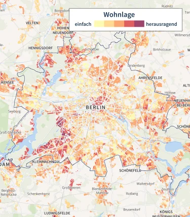 Hier würden Sie eine Karte der Stadt Berlin sehen. Je nach Beliebtheit der Wohnlage sind die einzelnen Stadtteile eingefärbt.