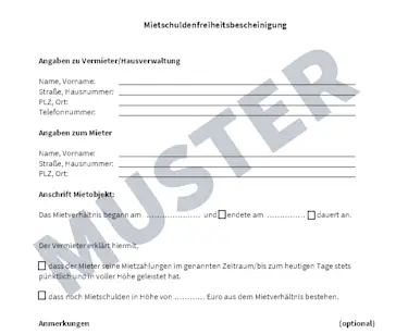 Hier sehen Sie die Vorschau unseres Musterdokuments zur Mietschuldenfreiheitsbescheinigung.