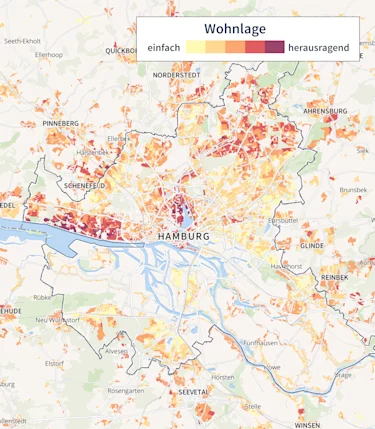 Die Karte der Stadt Hamburg zeigt, welche Wohnlagen besonders beliebt sind. Entsprechend gestalten sich die Immobilienpreise in Hamburg.