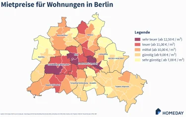 Hier würden Sie eine Karte sehen mit den Mietpreisen in Berliner Ortsteilen in 2019.