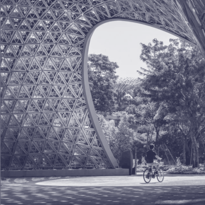Boy cycling through a gate in Singapore towards green park. 