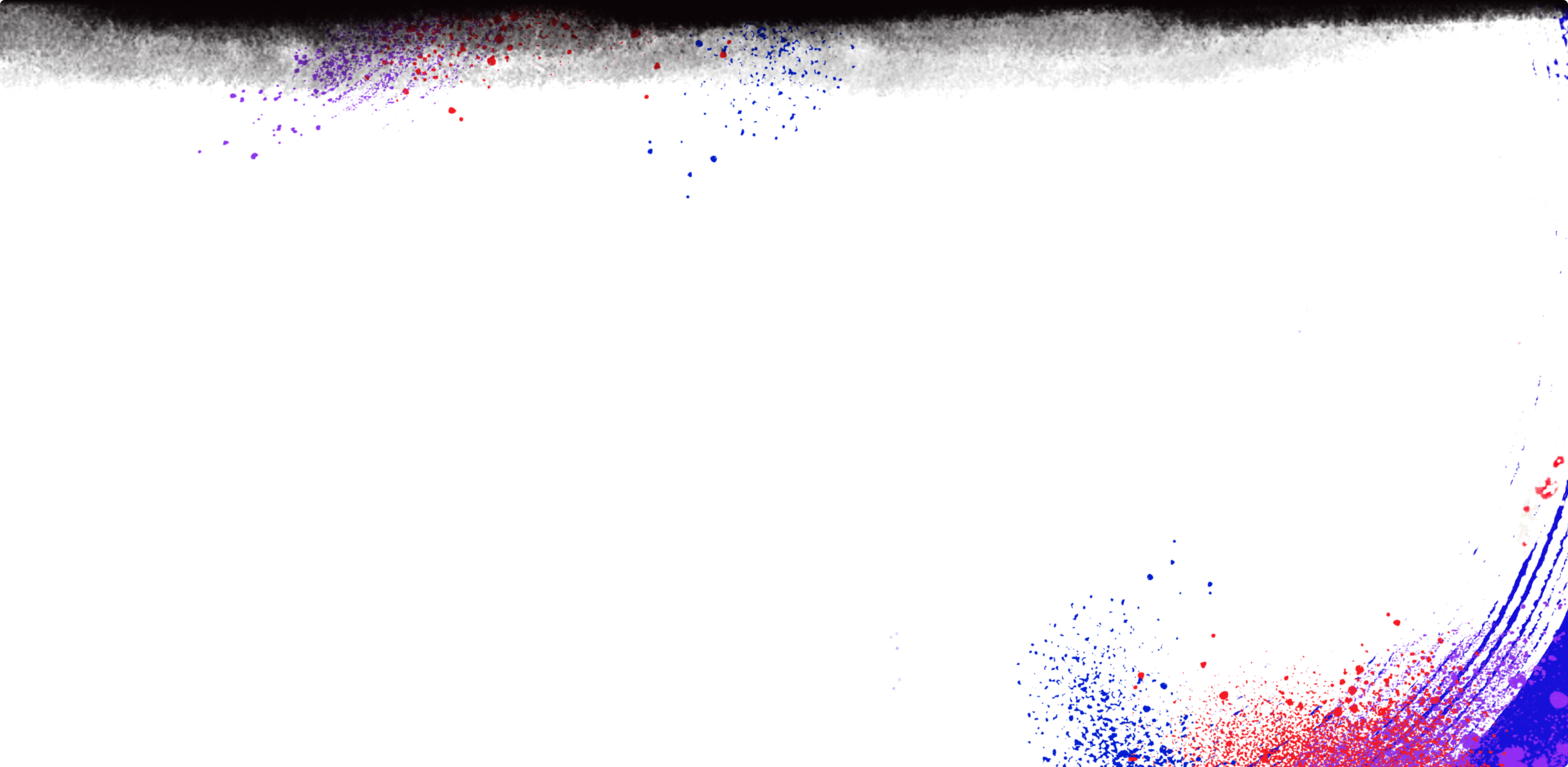 An abstract background with a smoky top edge fading into white, scattered red and blue speckles. 