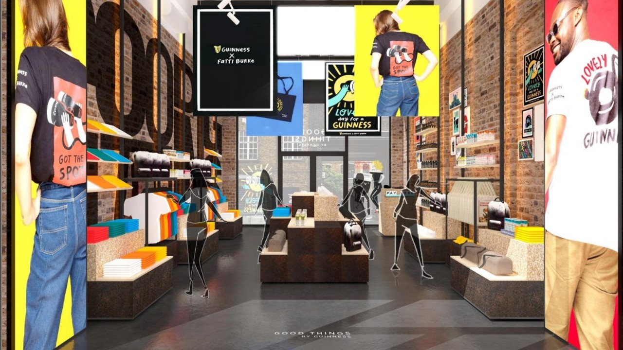 The inside of the Guinness Good Things shop filled with branded collab clothing and products from London brands.