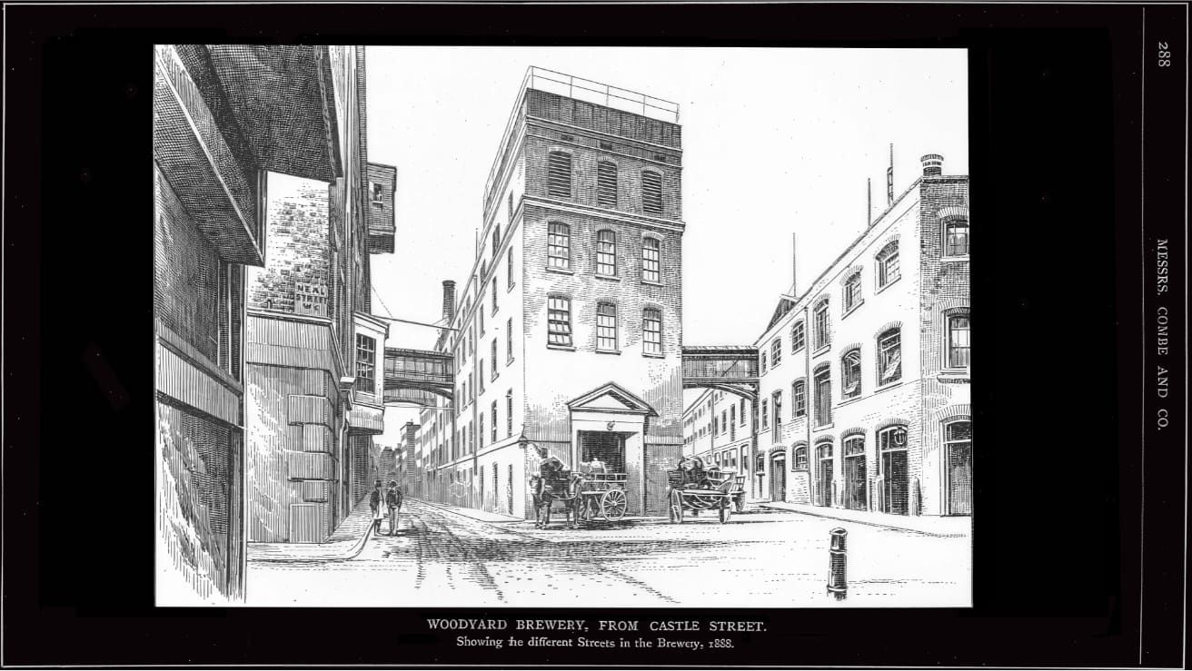 A historic black and white sketch of the old brewery in Covent Garden, a horse and cart stand by the entrance.