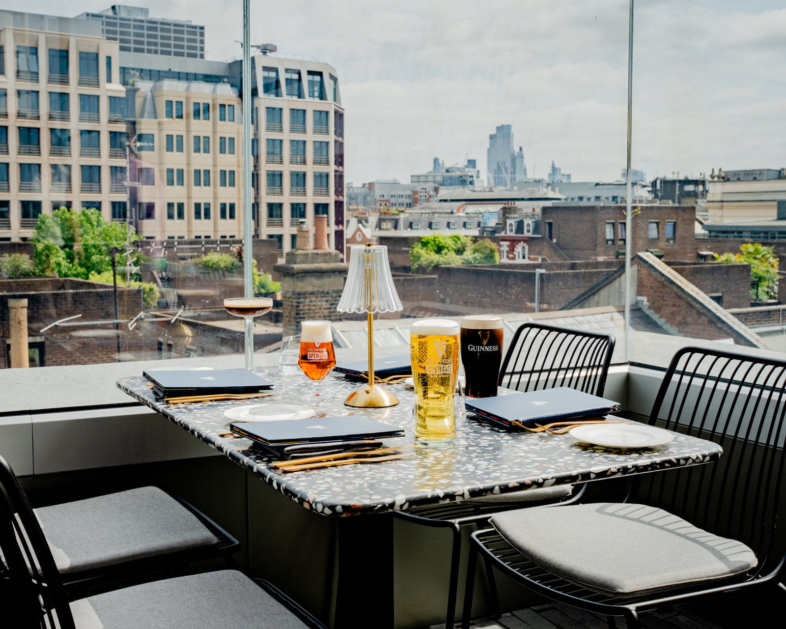 The rooftop terrace seating in Gilroy's loft, Guinness' restaurant in Covent Garden, with a good view over London.
