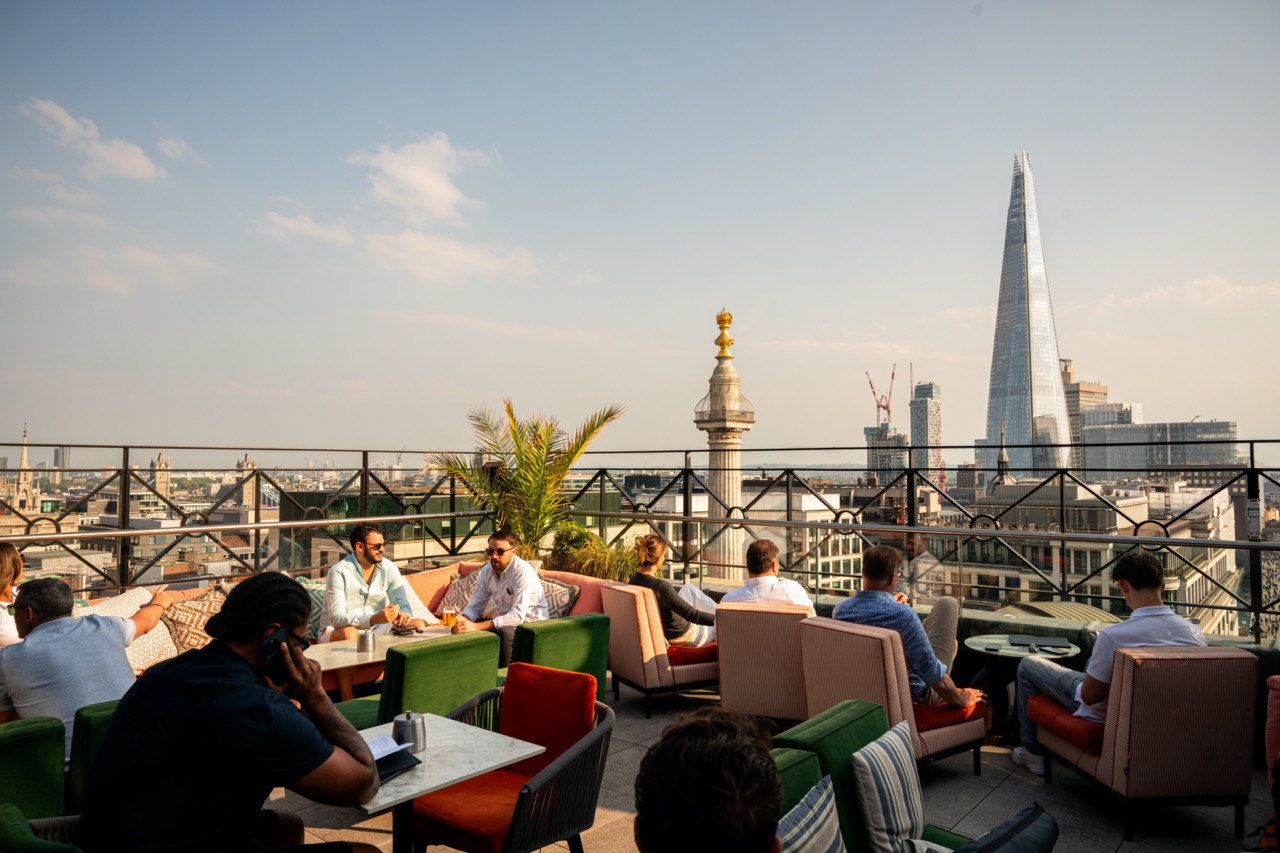 Wagtail's sunny rooftop bar with colourful, comfy seating and sweeping views over London, including a great view of the famous Shard building