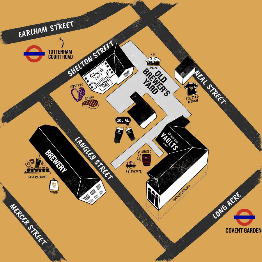 An illustrated map showing the locations of different parts of Guinness Open Gate Brewery London.