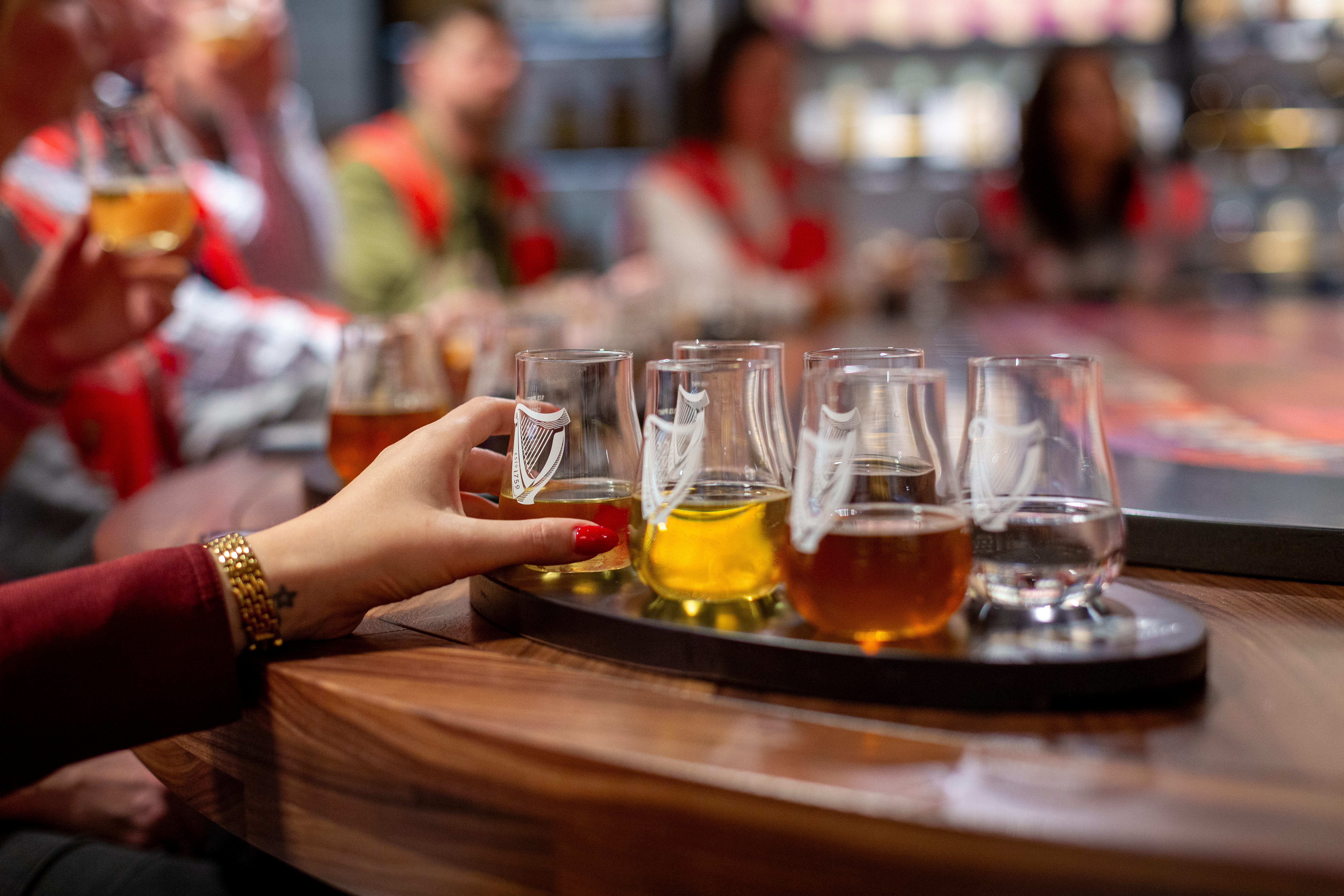 Close up view of beer tasting samples in the tasting room on the Open Gate Brewery tour in London