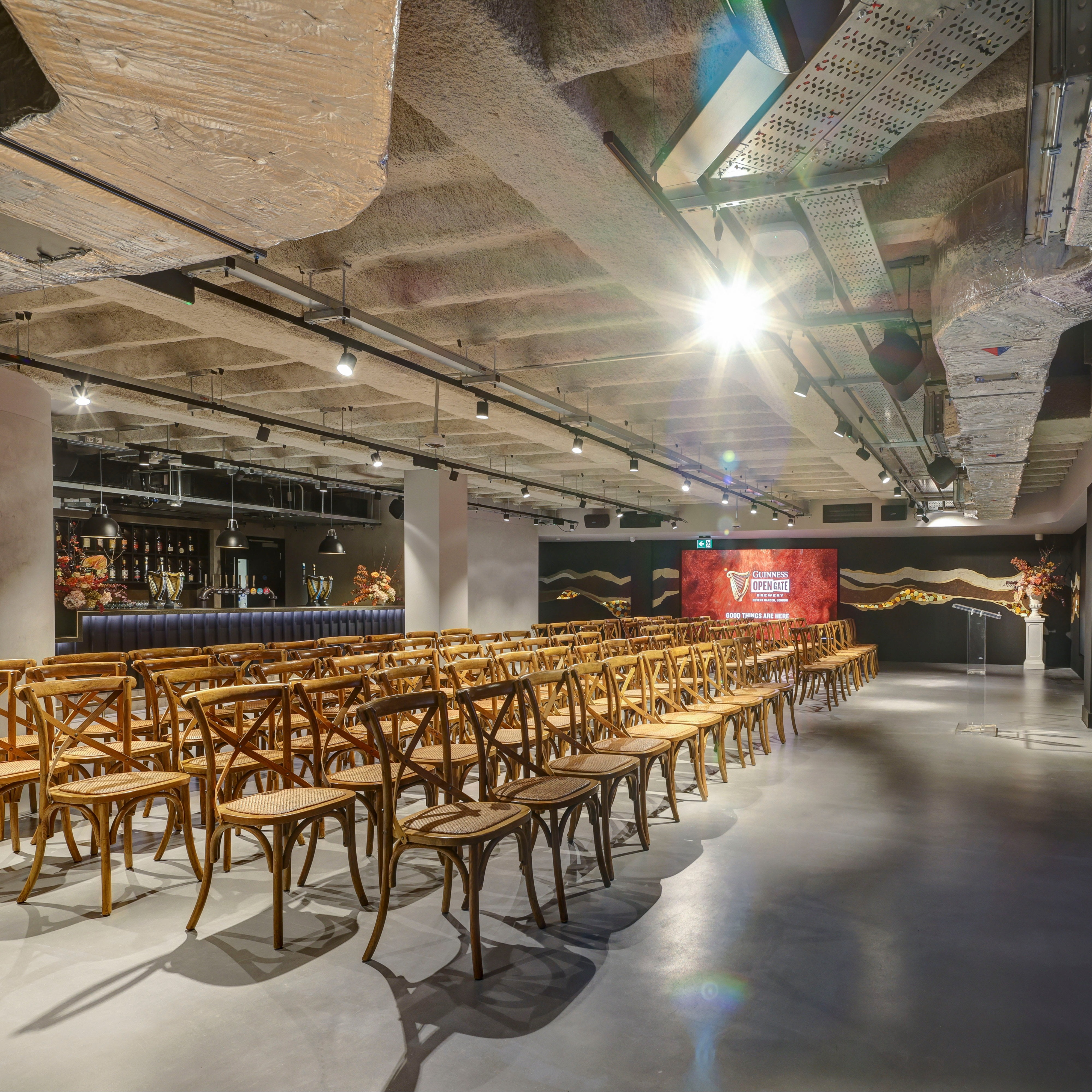 Rows of chairs are laid out in the private event space in the Guinness Vaults, ideal for corporate away day  presentations or seated performances.