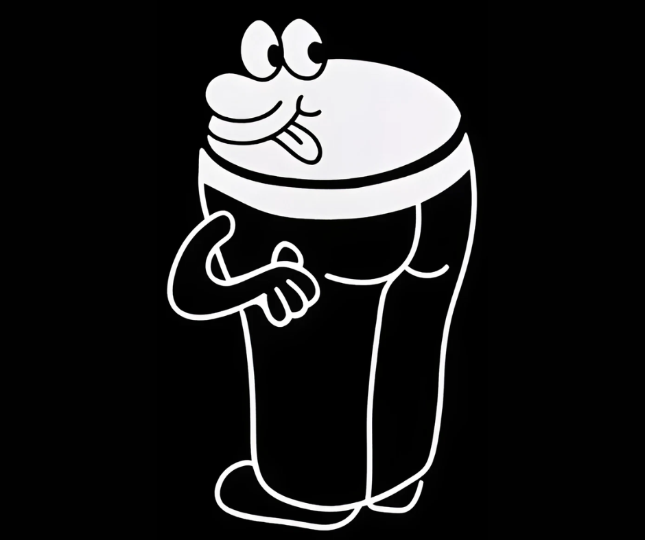 An illustration of a pint of Guinness with a face with its tongue out.