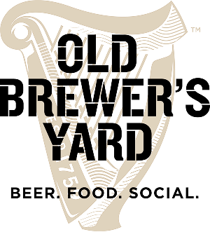 A logo for "OLD BREWER'S YARD" in black text, with "BEER. FOOD. SOCIAL." below it, set against a light beige stylized pint glass shape 