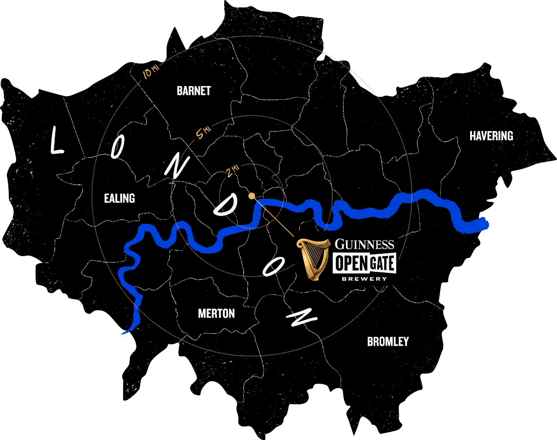 A dark map of London with River Thames, borough outlines, "LONDON" text, and Guinness logo 