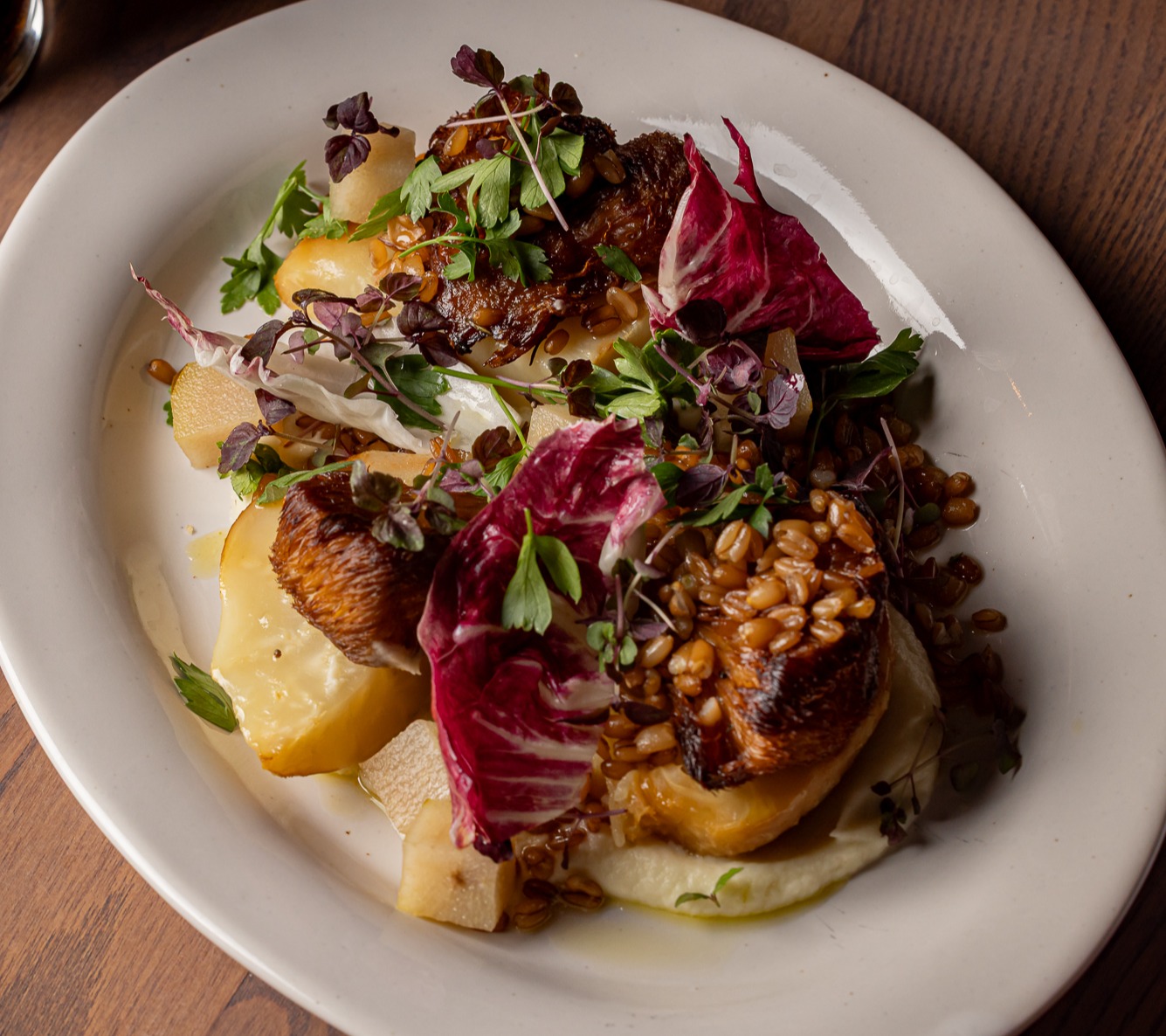 An appetising plate of food, including roast vegetables and barley, garnished with colourful leaves and herbs.