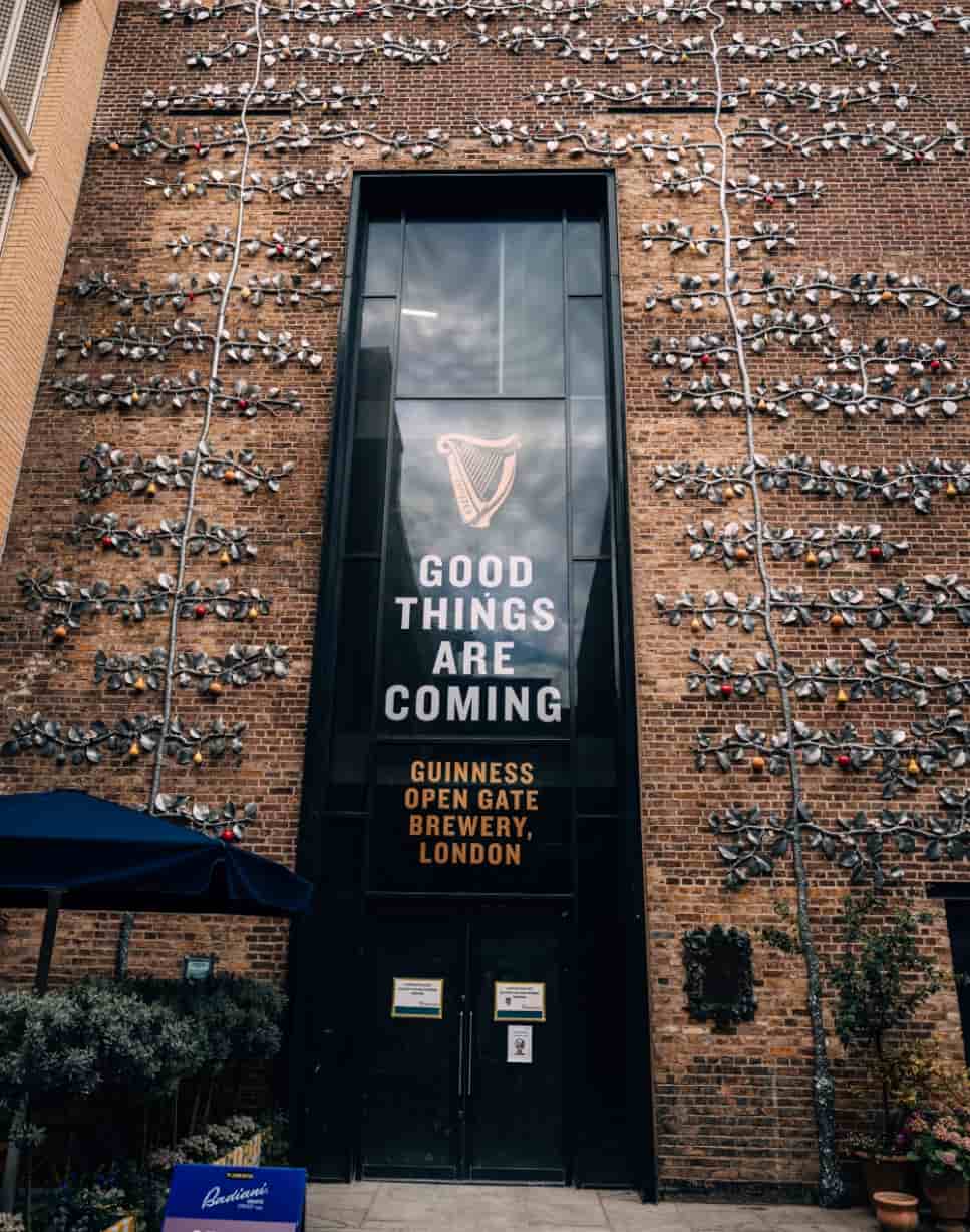 An image of the large entrance of the Guinness Open Gate Brewery London in Covent Garden.
