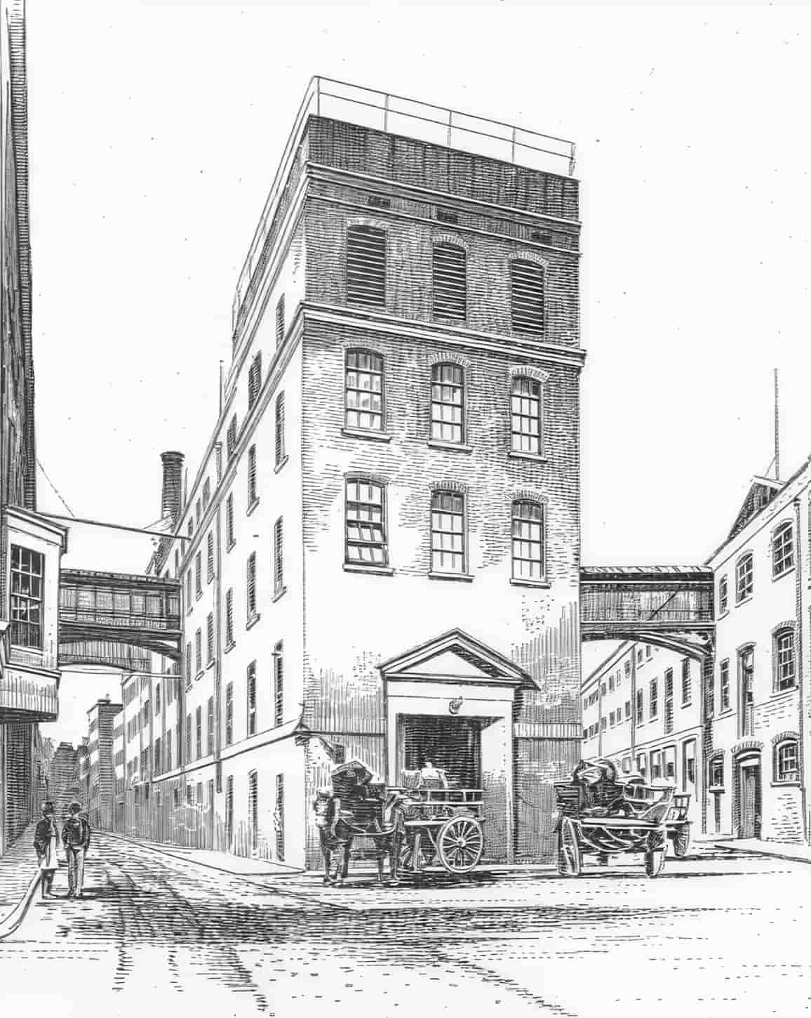 A historic black and white sketch of the old brewery in Covent Garden, a horse and cart stand by the entrance.