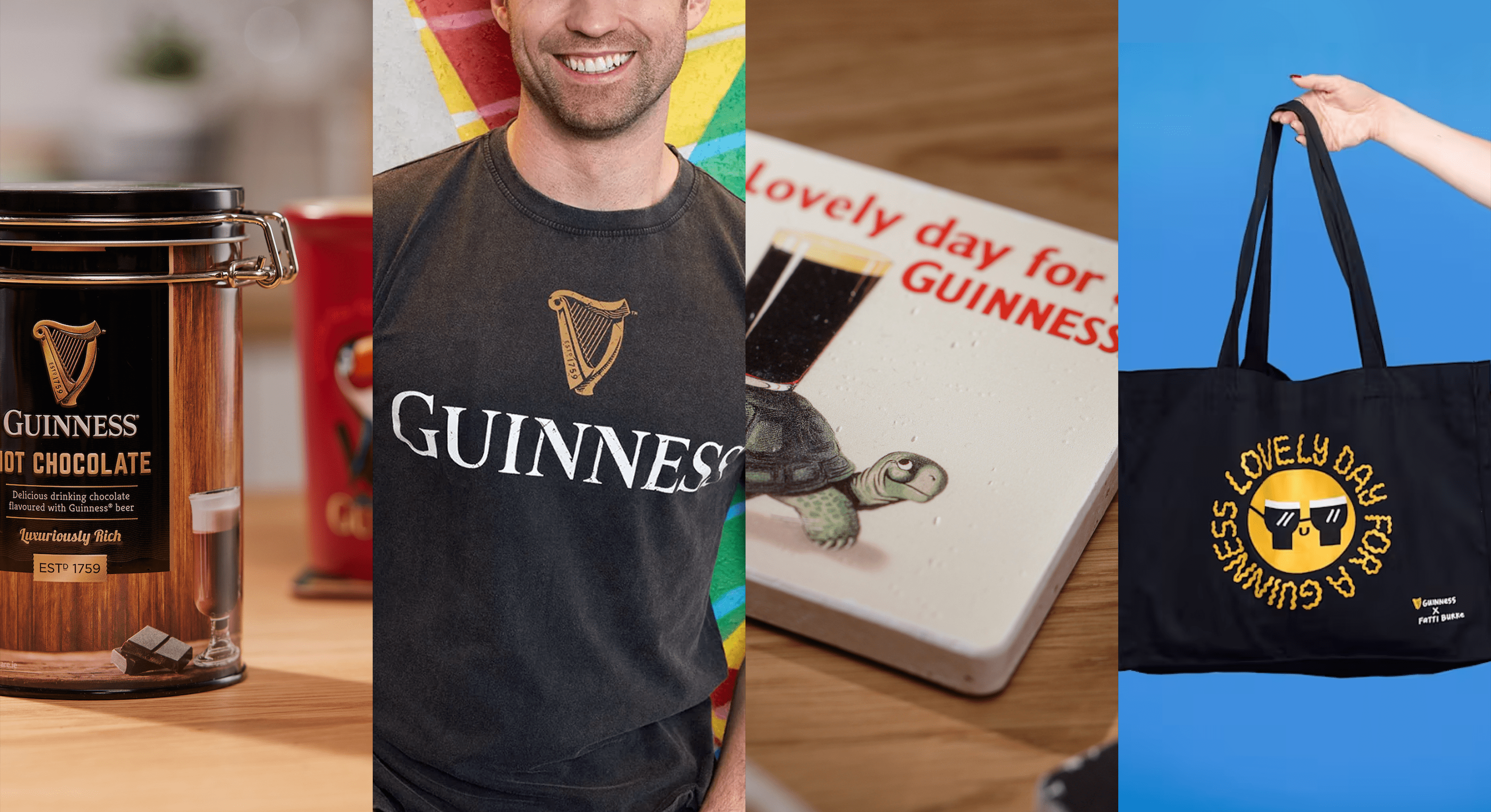 A collage of images showing different Guinness products, chocolate, clothing, homeware and accessories.